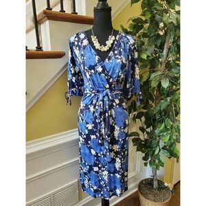MERONA Dress M Blue Floral Stretch Faux Wrap